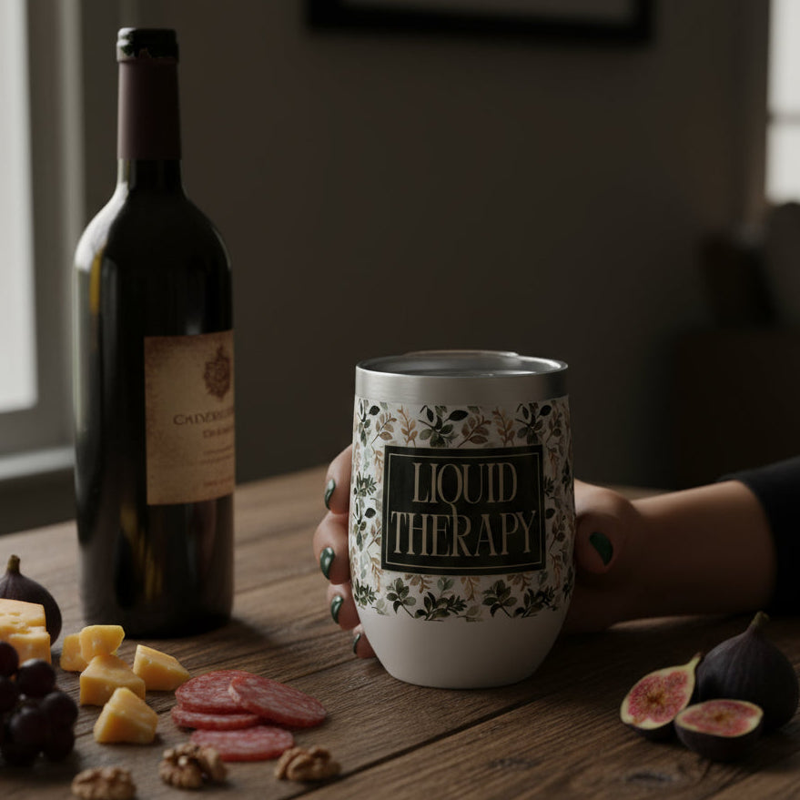 Person holding a mug labeled 'Liquid Therapy' next to a bottle of wine and snacks on a wooden table.