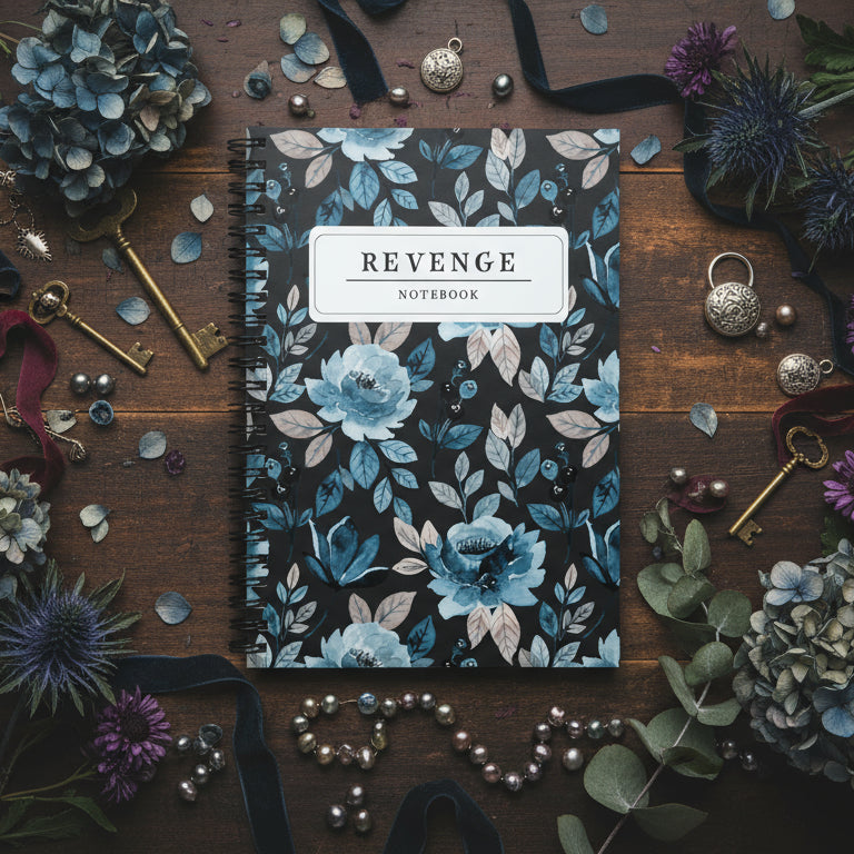 Notebook titled 'REVENGE' surrounded by flowers and decorative items on a wooden surface