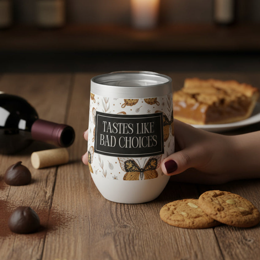 Hand holding a mug with a humorous label on a wooden table with cookies and chocolate.