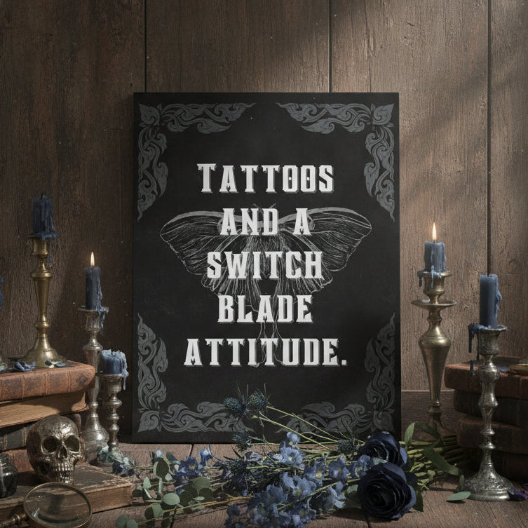 Decorative poster with text on a wooden surface with candles and books.