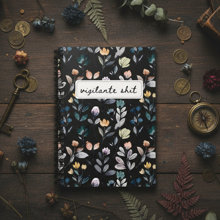 Notebook with floral design on a wooden surface with decorative items