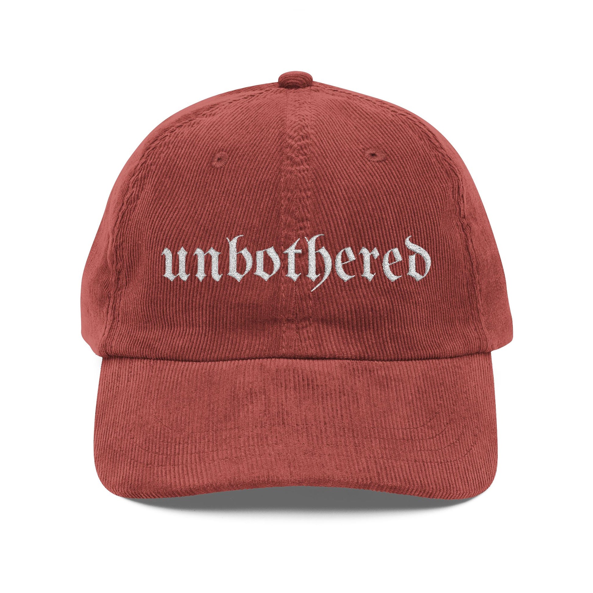 Red cap with white text on a white background