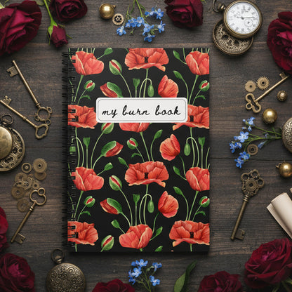 Notebook with floral design on a wooden surface with roses and keys