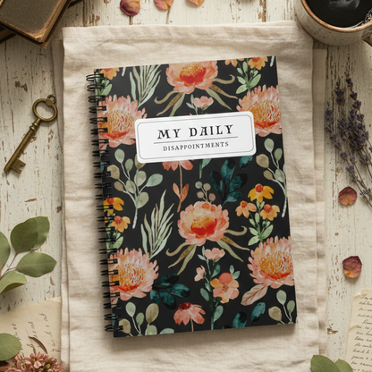 Floral notebook titled 'My Daily Disappointments' on a wooden surface with coffee and flowers.