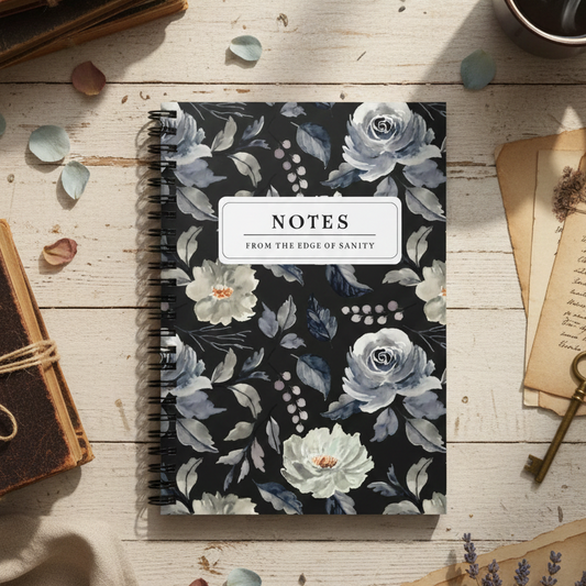 Notebook with floral design on a wooden surface with coffee and books.
