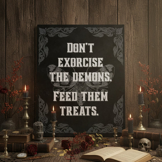 Decorative setup with a sign reading 'Don't exorcise the demons. Feed them treats.' on a wooden background.