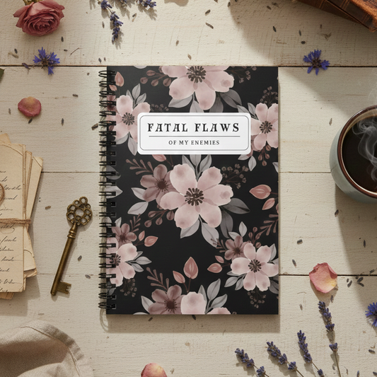 Floral notebook titled 'Fatal Flaws' on a wooden surface with flowers and a cup of coffee.