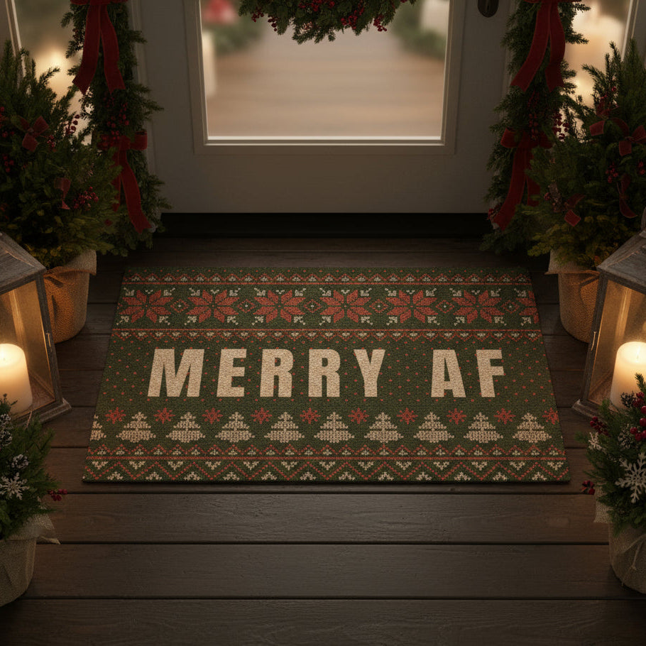 Decorative doormat with 'MERRY AF' text on a wooden porch with Christmas decorations.