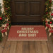 Doormat with 'Merry Christmas and Shit' text in front of a decorated Christmas door.