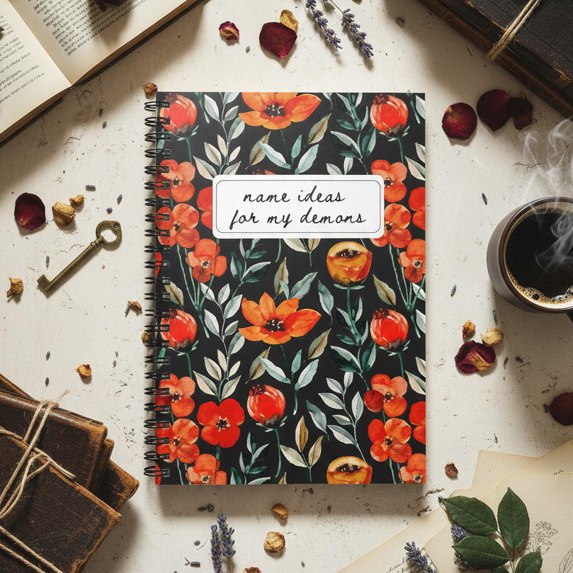 Notebook with floral design on a surface with books, coffee, and flowers.