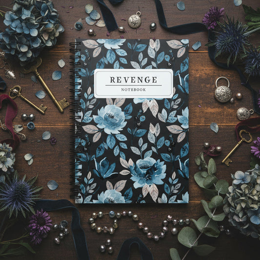 Notebook titled 'REVENGE' surrounded by flowers and decorative items on a wooden surface