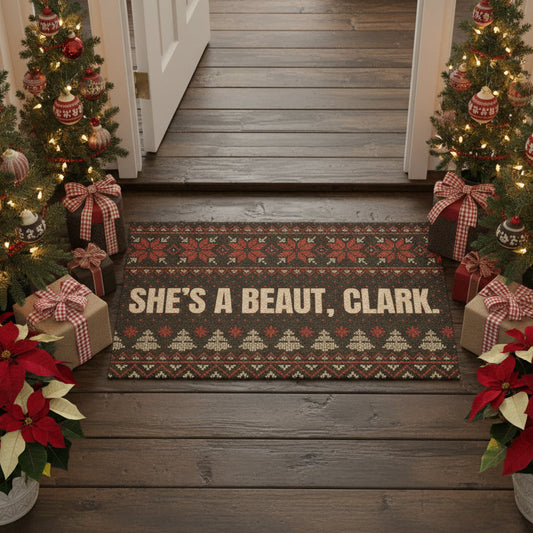 Decorative doormat with 'She's a Beaut, Clark' text on a wooden floor with Christmas trees and poinsettias.