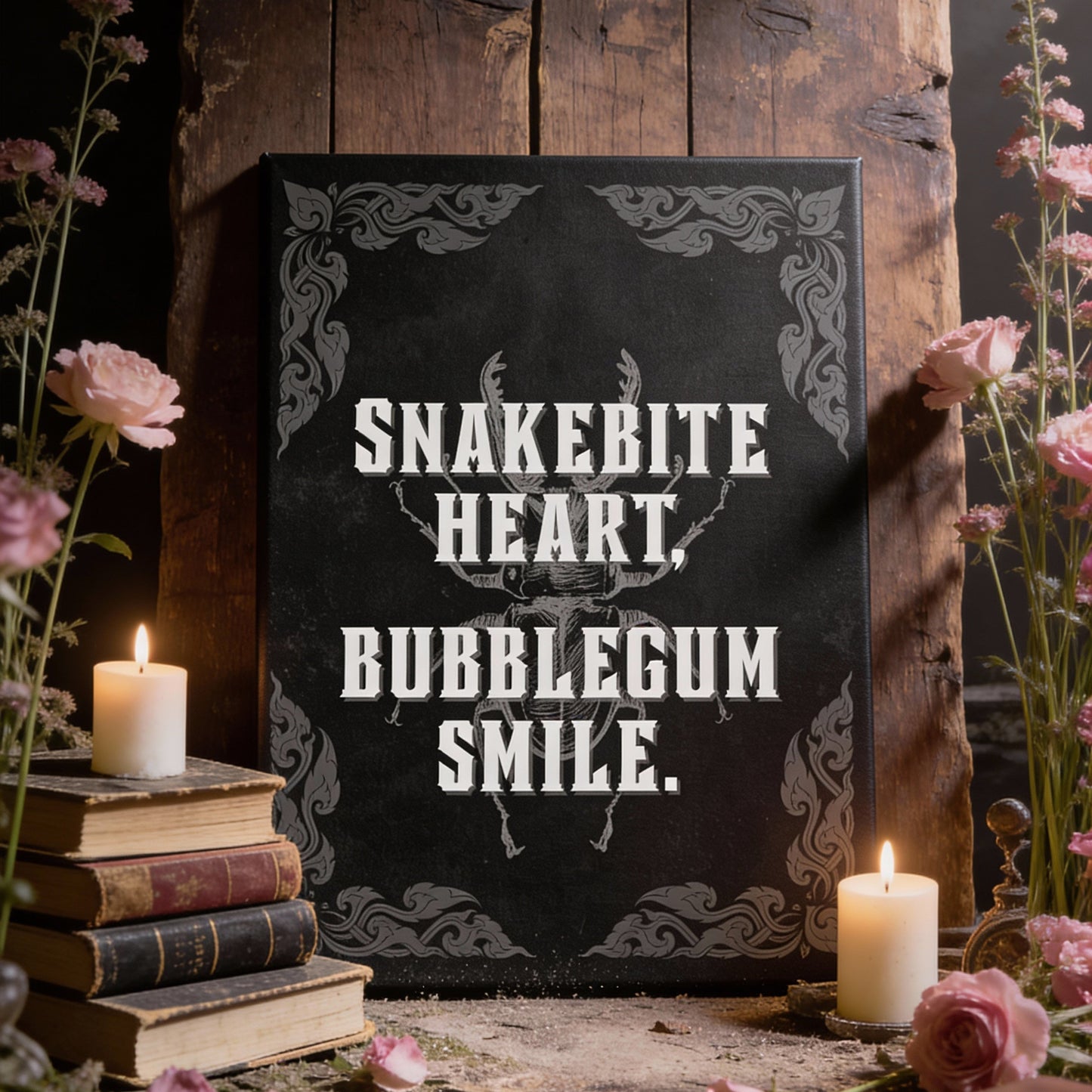Decorative sign with text 'Snakebite Heart, Bubblebum Smile' surrounded by flowers and candles on a wooden surface.