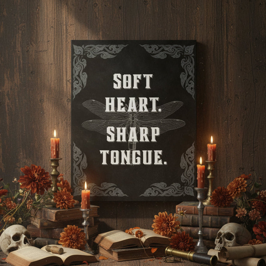 Decorative poster with 'Soft Heart. Sharp Tongue.' text, surrounded by candles, skulls, and books on a wooden surface.