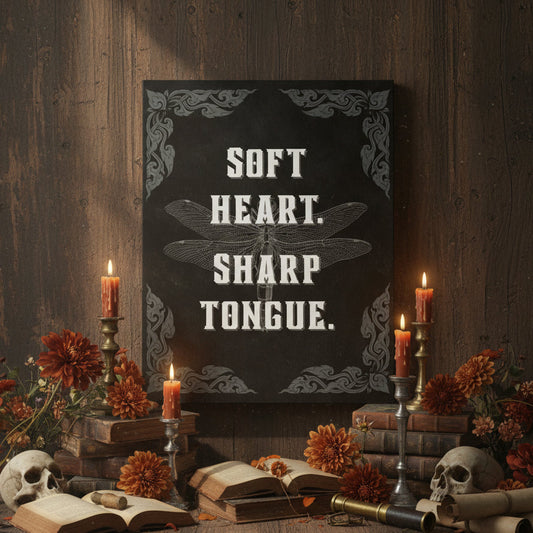 Decorative poster with 'Soft Heart. Sharp Tongue.' text, surrounded by candles, skulls, and books on a wooden surface.