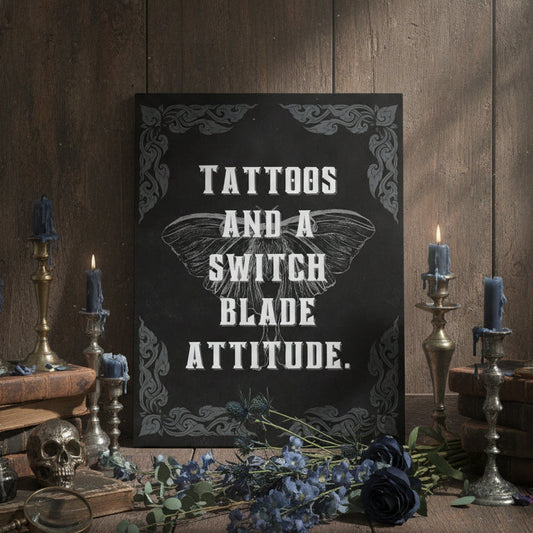 Decorative poster with text on a wooden surface with candles and books.